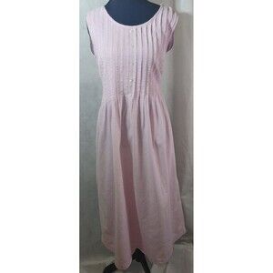 British Khaki Seersucker Midi A-Line Dress Womens 8 Pink White Striped Pleated